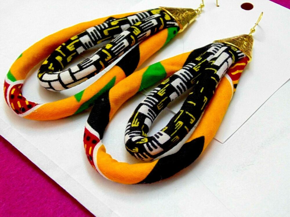 Vtg Tribal Boho Orange Black Print Fabric Jumbo 4.5" Dangle Pierced Earrings